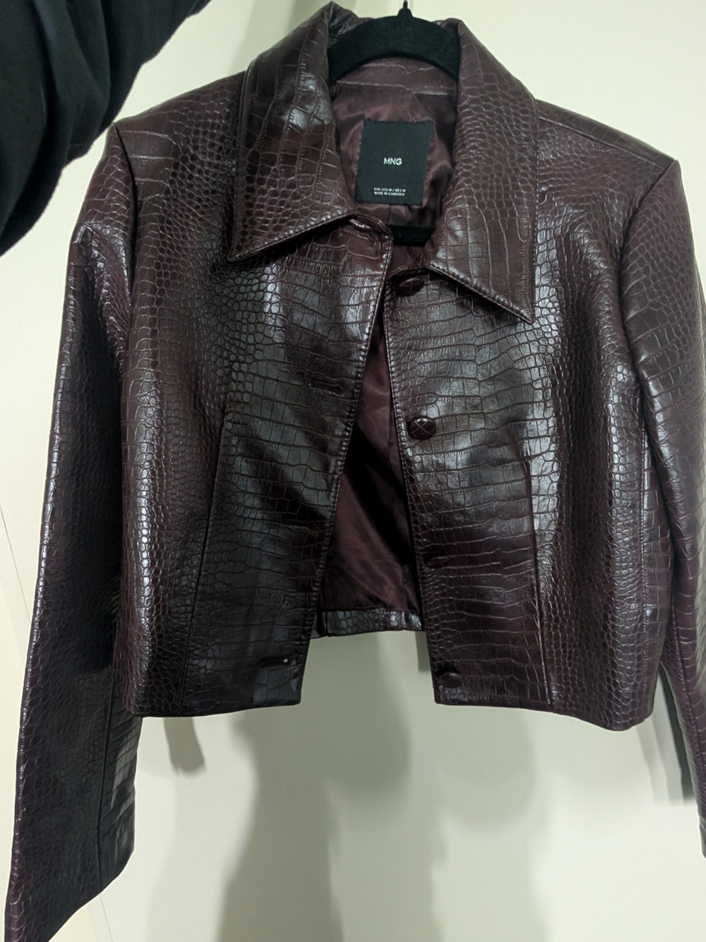 Mango Croc-Embossed Dark Brown Leather Jacket